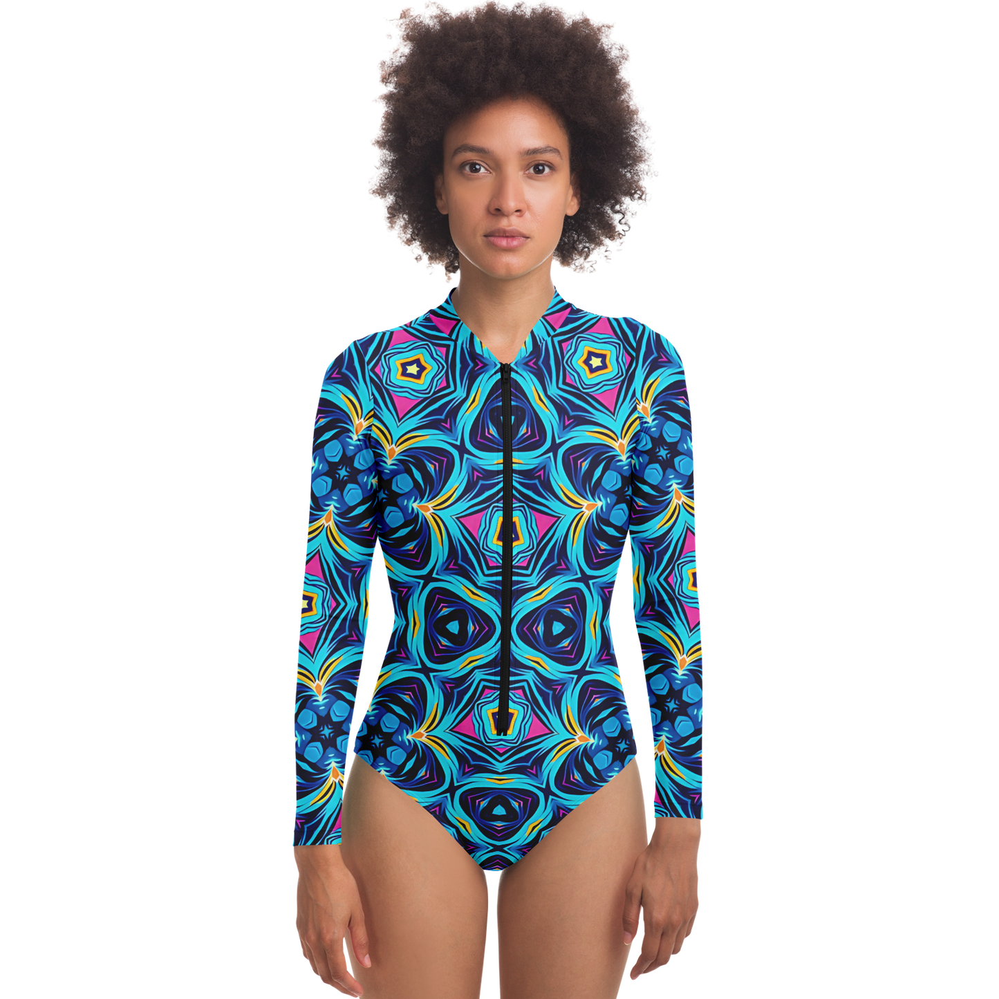 Women's Blue Kaleidoscope Bodysuit Long Sleeve