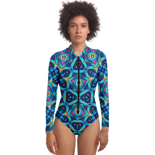 Women's Blue Kaleidoscope Bodysuit Long Sleeve