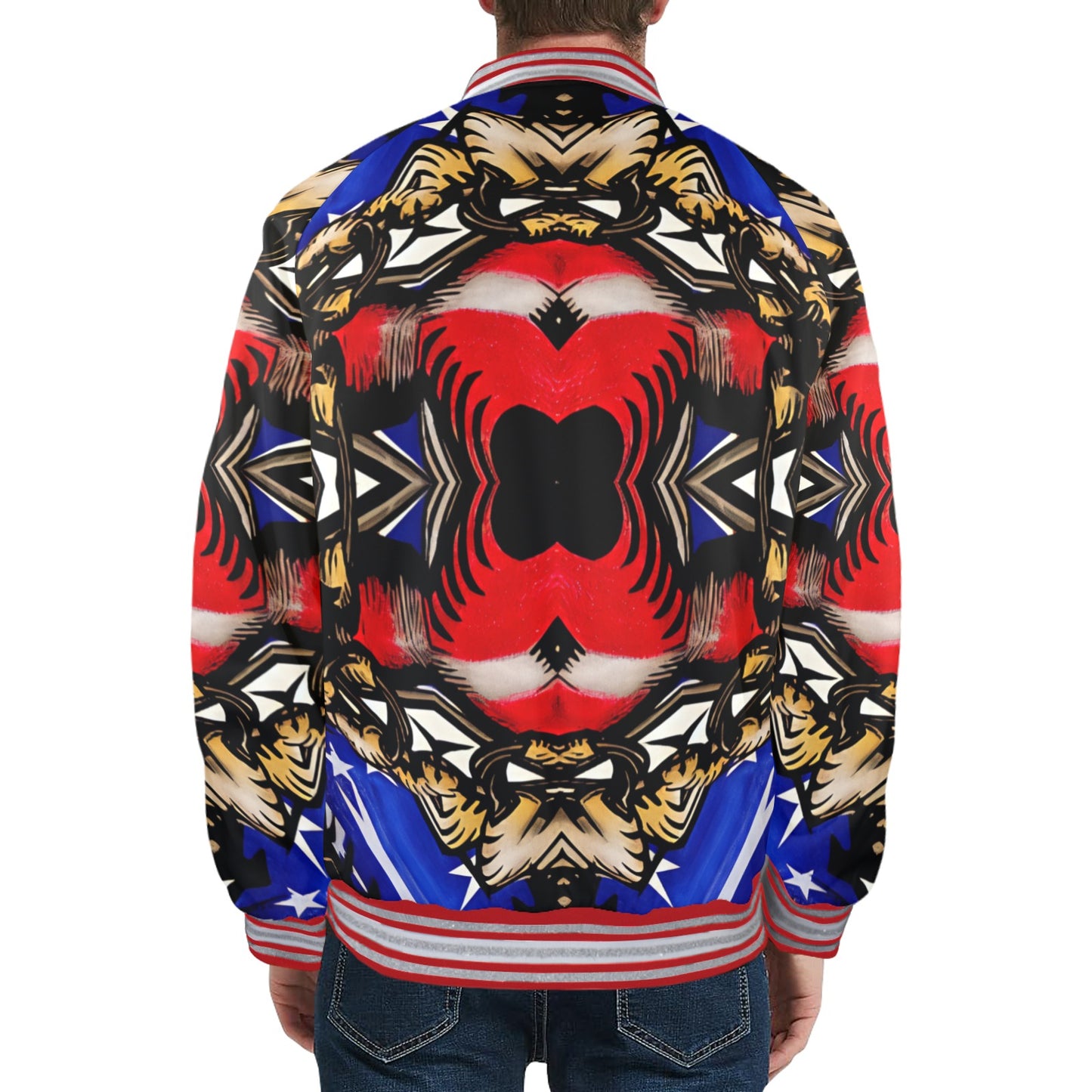 Men's Patriotic Kaleidoscope Pattern All-Over Print Striped Trim Bomber Jacket