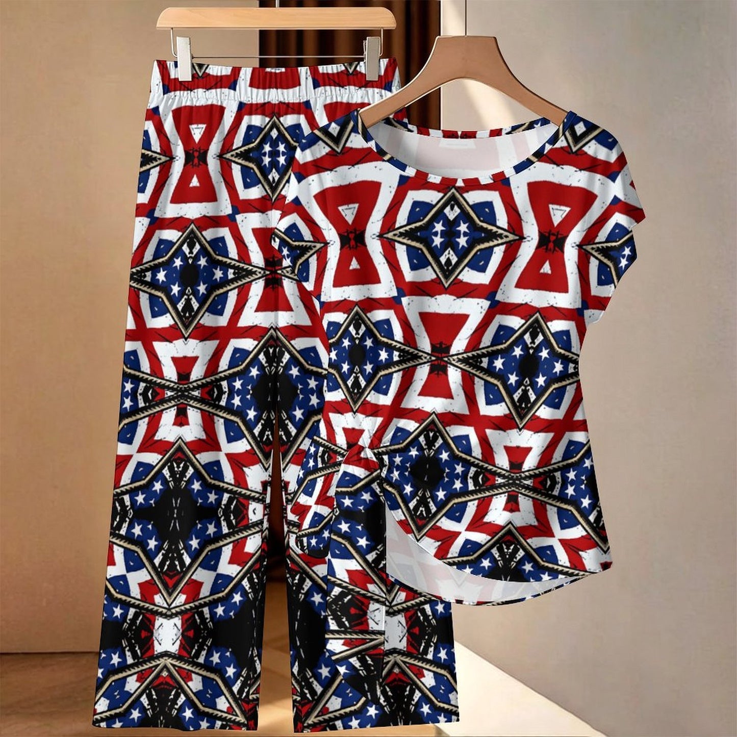 Women's Patriotic Star Kaleidoscope Pattern All-Over Print Side-Tie Short Sleeve Top & Wide-Leg Pants Set