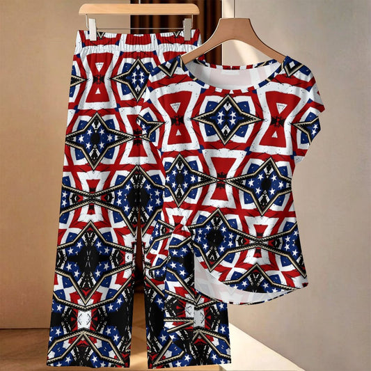 Women's Patriotic Star Kaleidoscope Pattern All-Over Print Side-Tie Short Sleeve Top & Wide-Leg Pants Set