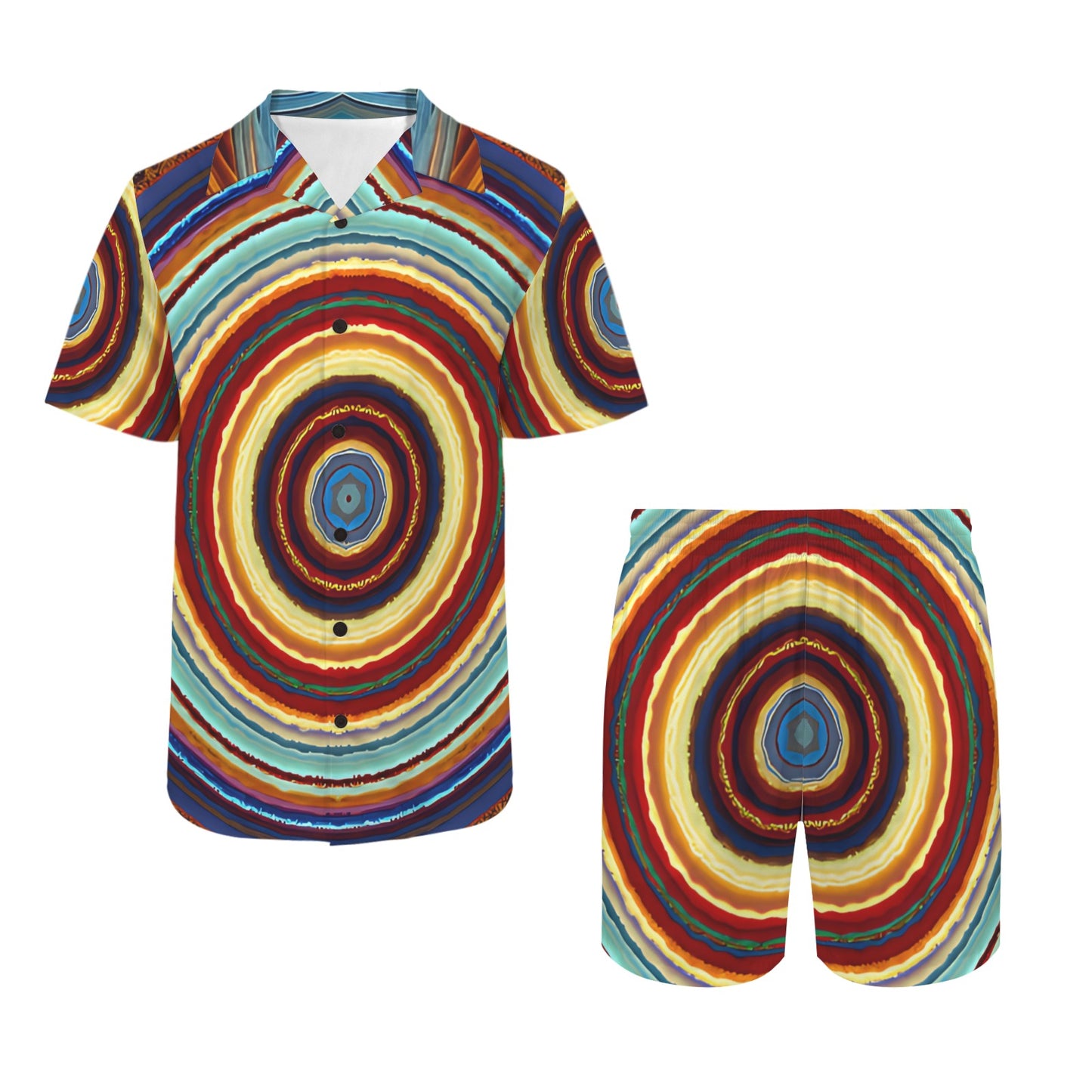 Men's Retro Radiant Circle Pattern All-Over Print Hawaiian Shirt & Shorts Set