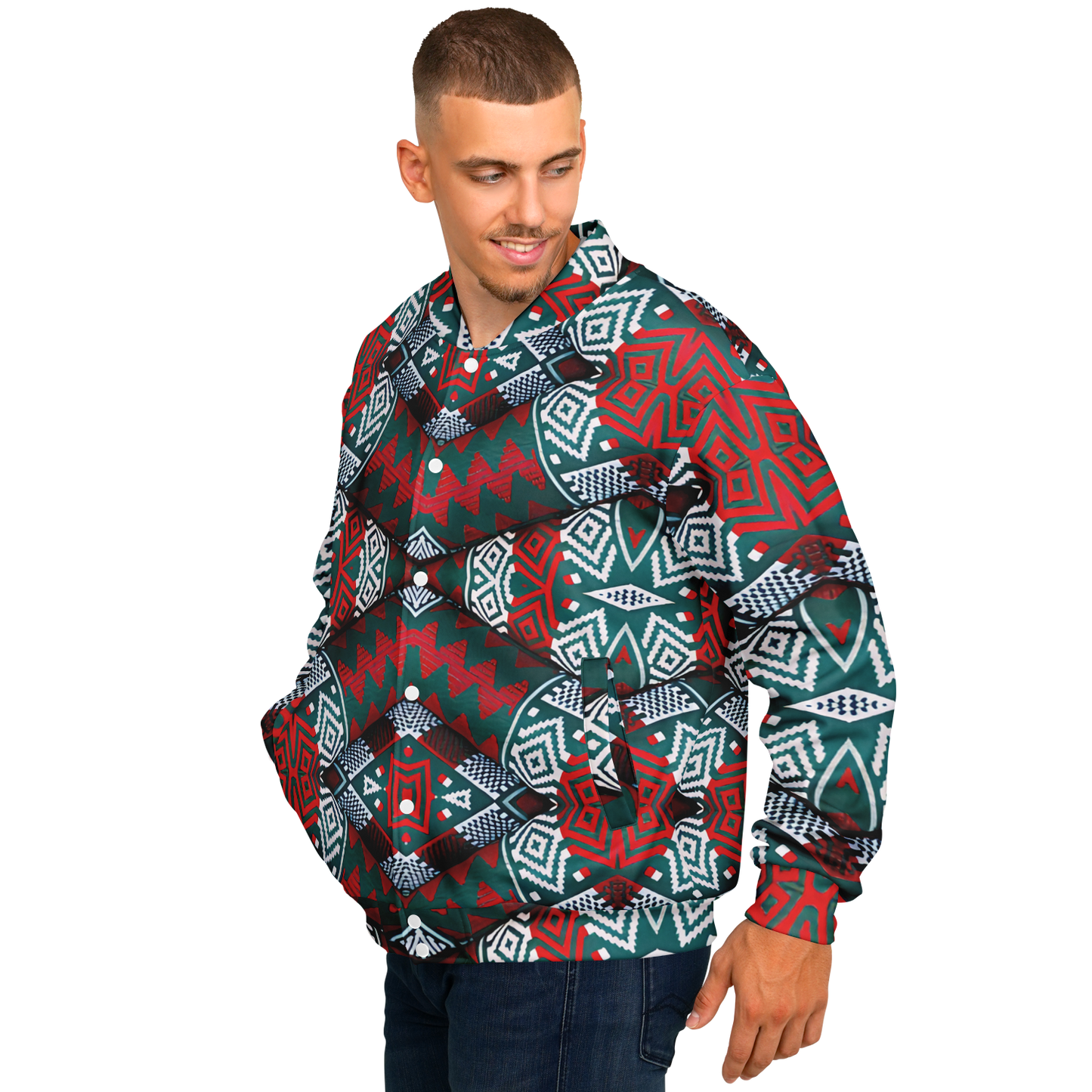 Men's Red, Green & White Teal Aztec Geo Pattern All-Over Print Baseball Jacket