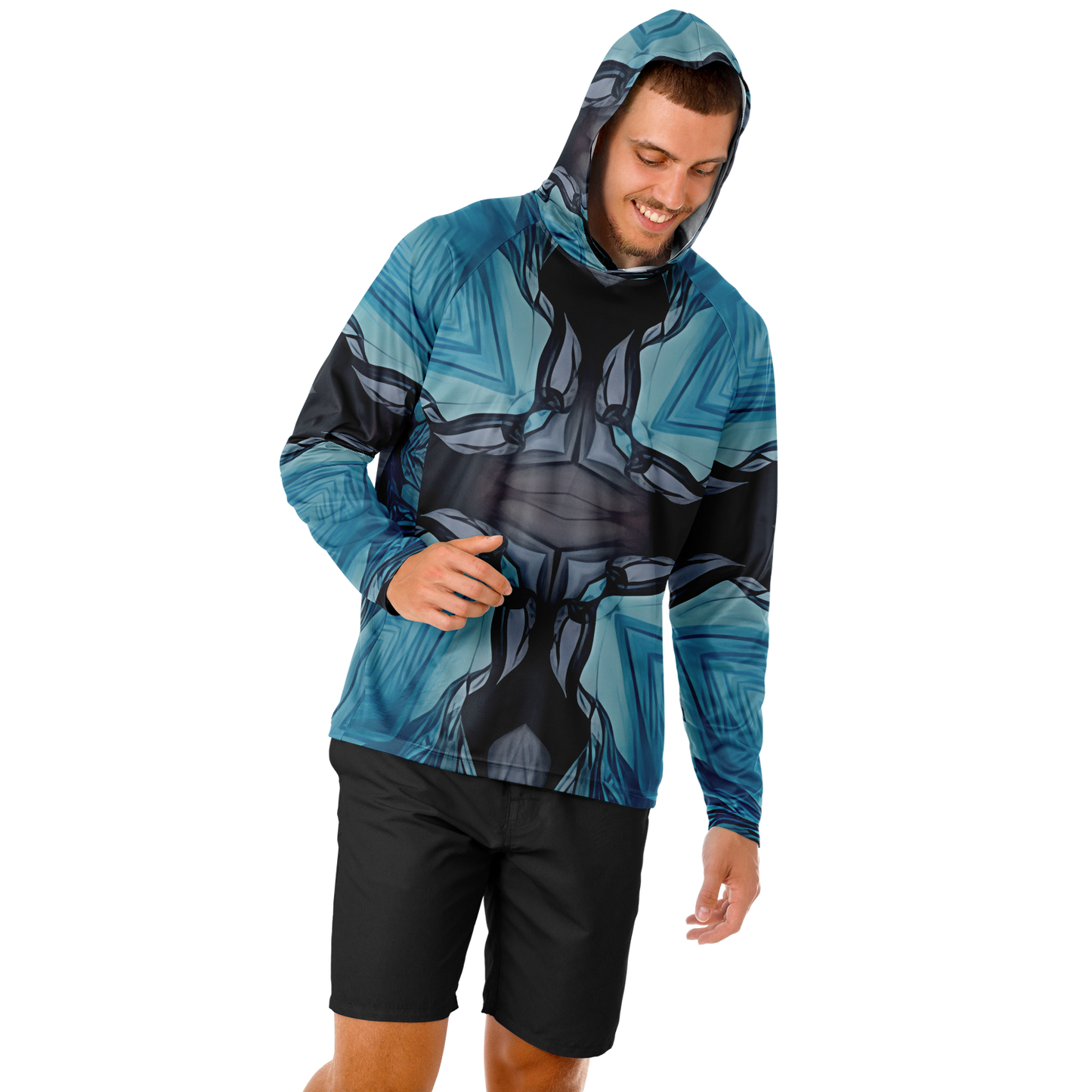 Men's Abstract Blue Geometric Design All Over Print Long Sleeve Hooded Performance Shirt