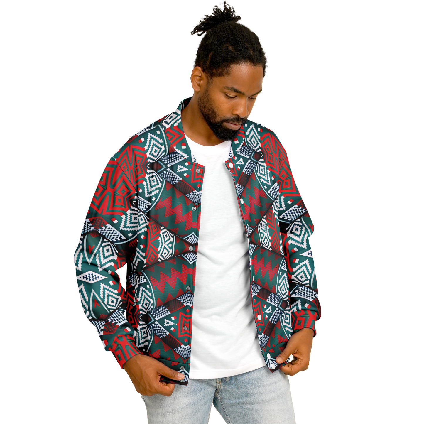 Men's Red, Green & White Teal Aztec Geo Pattern All-Over Print Baseball Jacket