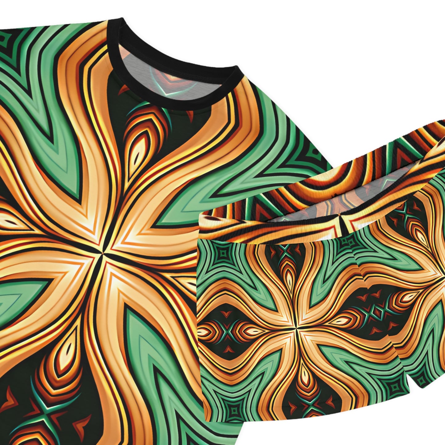 Women's Green & Gold Psychedelic Floral Pattern All-Over Print Short Pajama Set