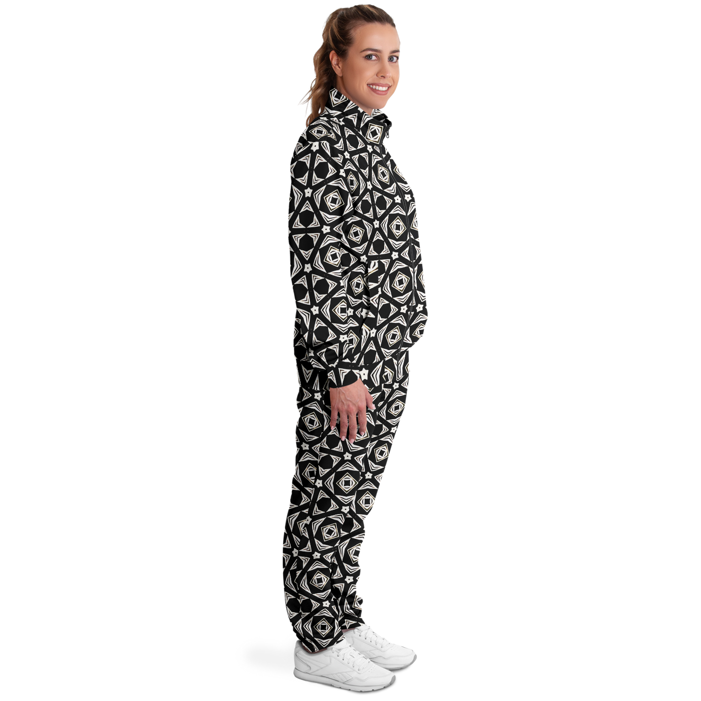 Women's Black Geometric Pattern Track Jacket and Pants