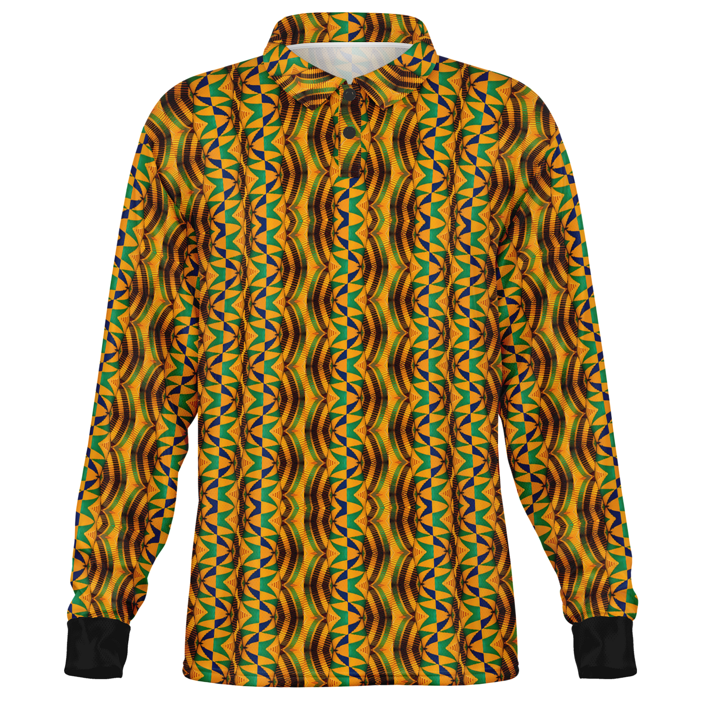 Men’s African Kente Geometric Pattern All-Over Print Long Sleeve Polo Shirt