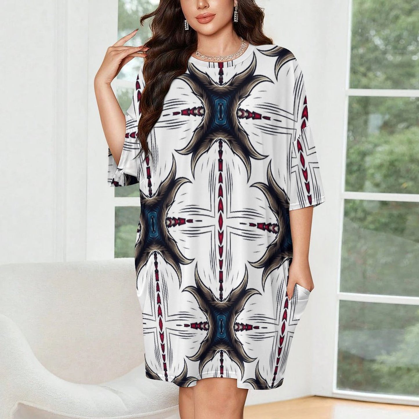 Women's Kaleidoscope Geo Pattern All-Over Print Oversized T- Shirt Loungewear