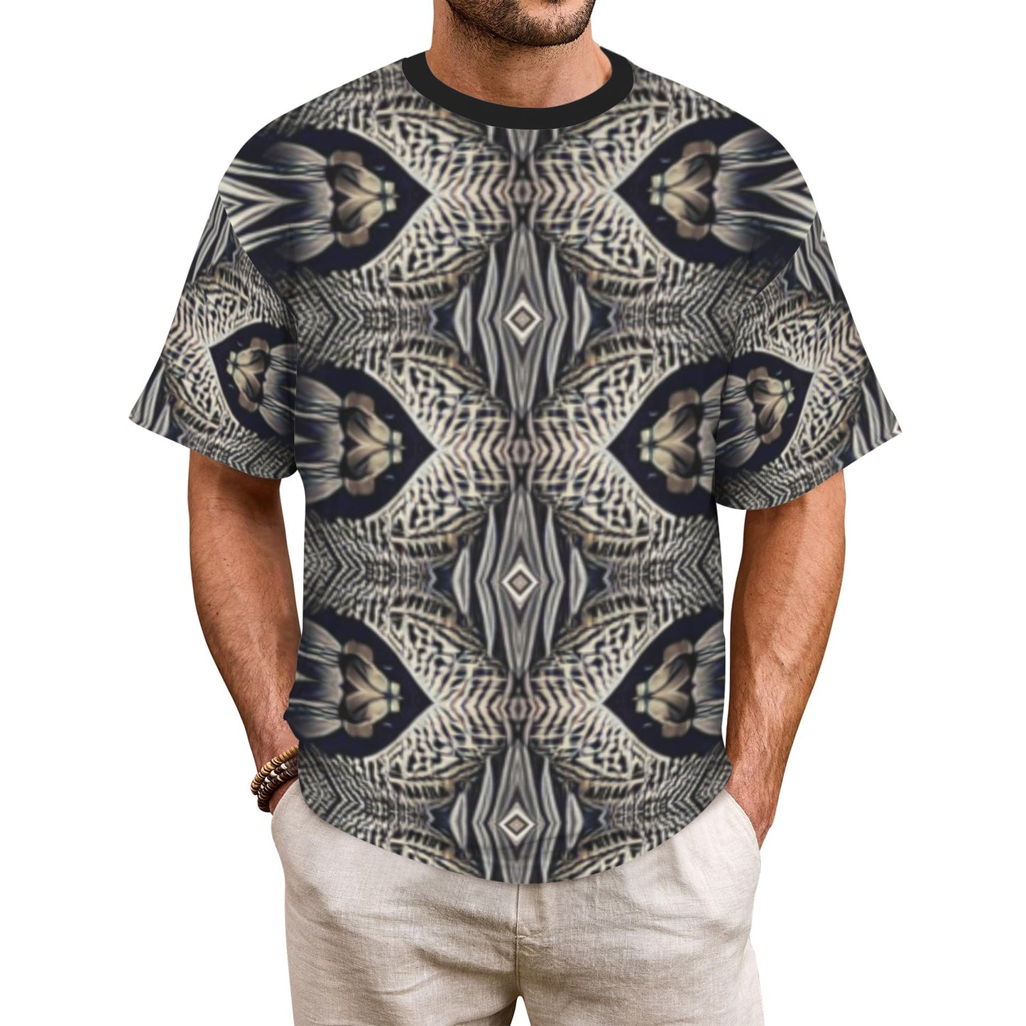 Men's Monochrome Geometric Kaleidoscope Pattern All Over Print Men's All Over Print Ribbed Collar T-Shirt