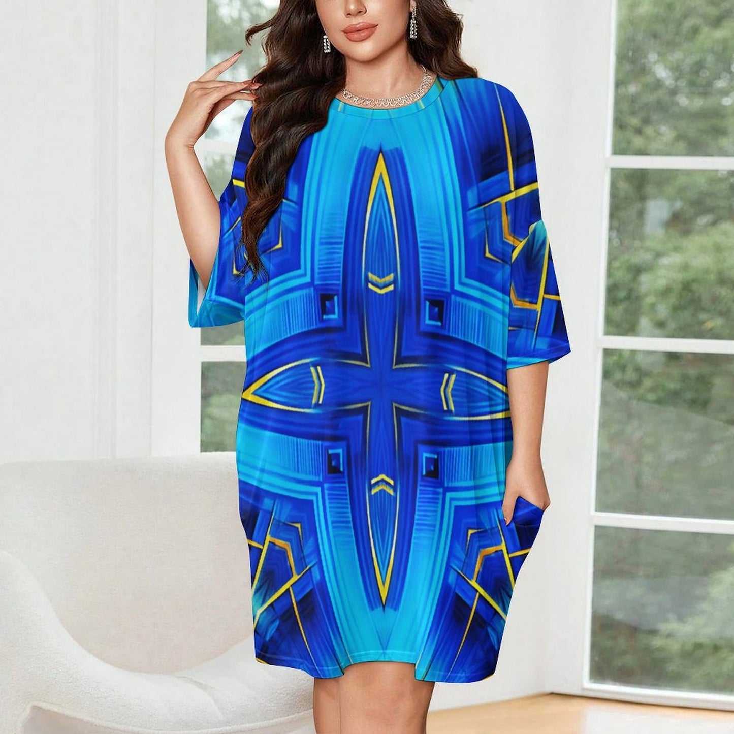 Women Vibrant Blue Geometric All-Over Print Oversized T- Shirt Loungewear