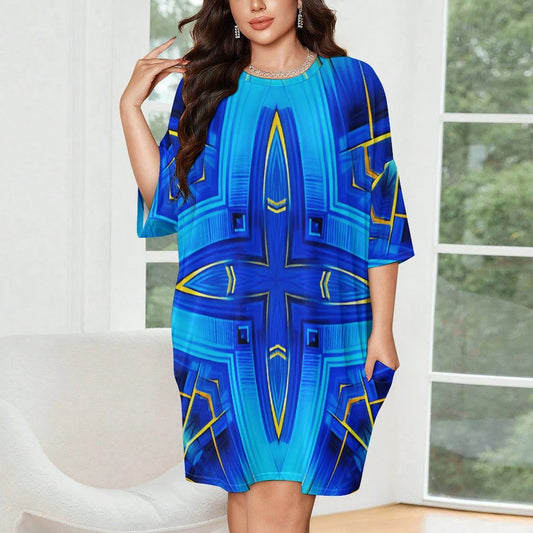 Women Vibrant Blue Geometric All-Over Print Oversized T- Shirt Loungewear