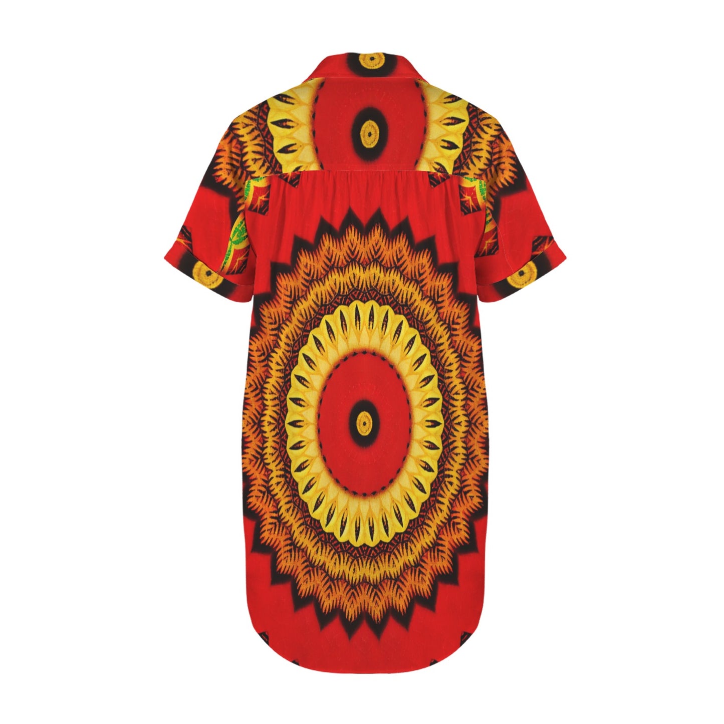 Women's Red Tribal Kaleidoscope Pattern All Over Print Short Sleeve Button Front Shirt Dress