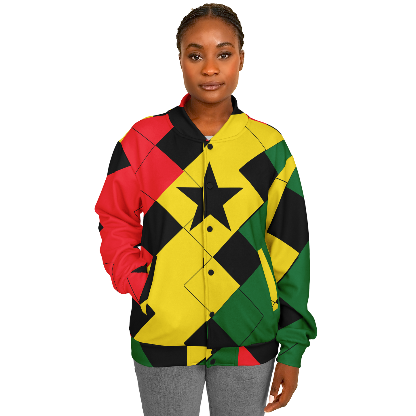 Women's Ghana Flag & Black Star Pattern All-Over Print Baseball Jacket