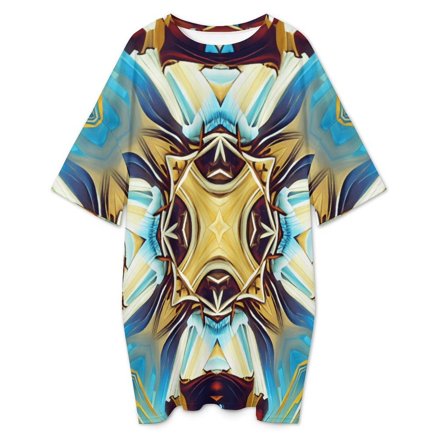 Women's Abstract Teal & Gold Pattern All Over Print Oversized T- Shirt Loungewear