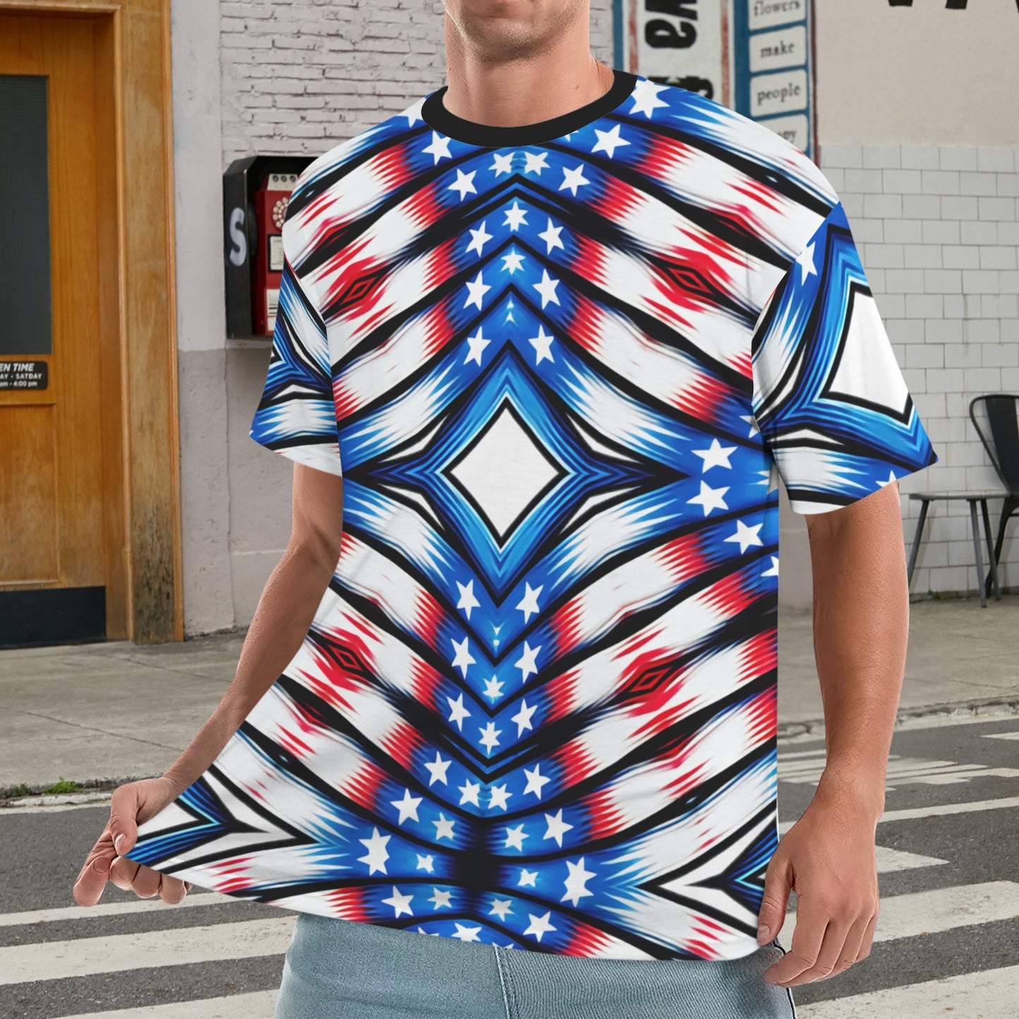Men's Red White Blue Geometric Pattern All-Over Print All Over Print Ribbed Collar T-Shirt