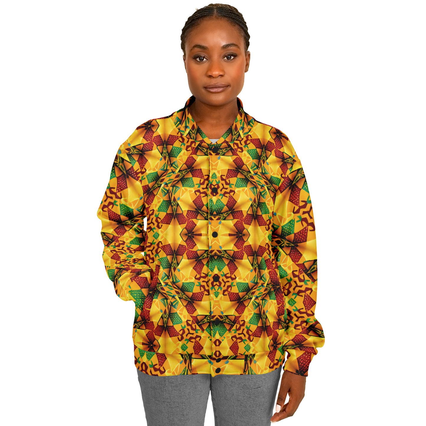 Women's Vibrant African Kente Geometric Pattern All Over Print Baseball Jacket