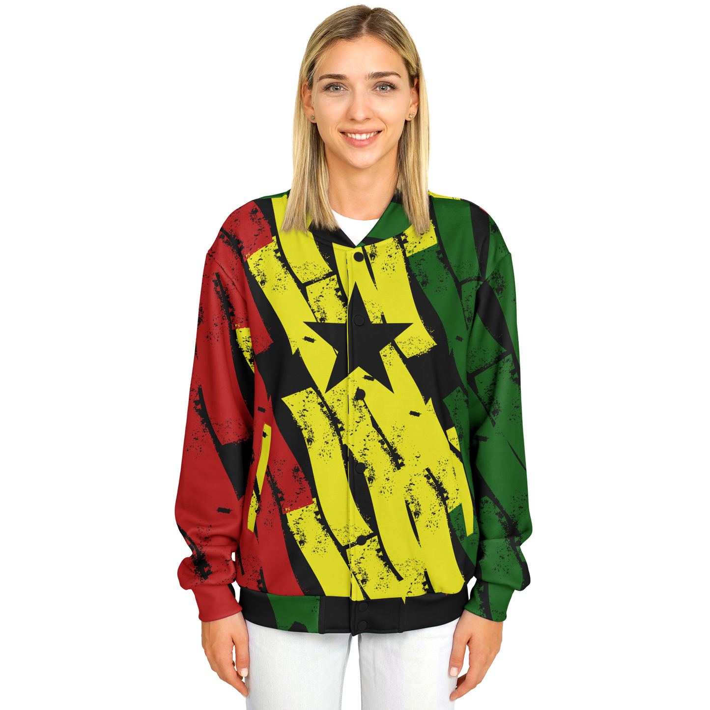 Women's Ghana Flag & Black Star Pattern All-Over Print Baseball Jacket
