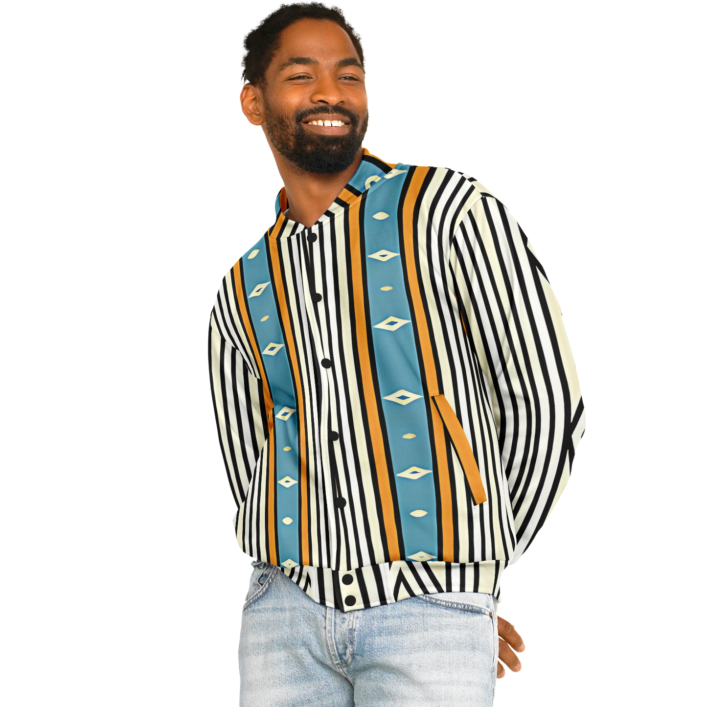 Men's Striped Retro Blue & Orange Patten Design All Over Print Baseball Jacket