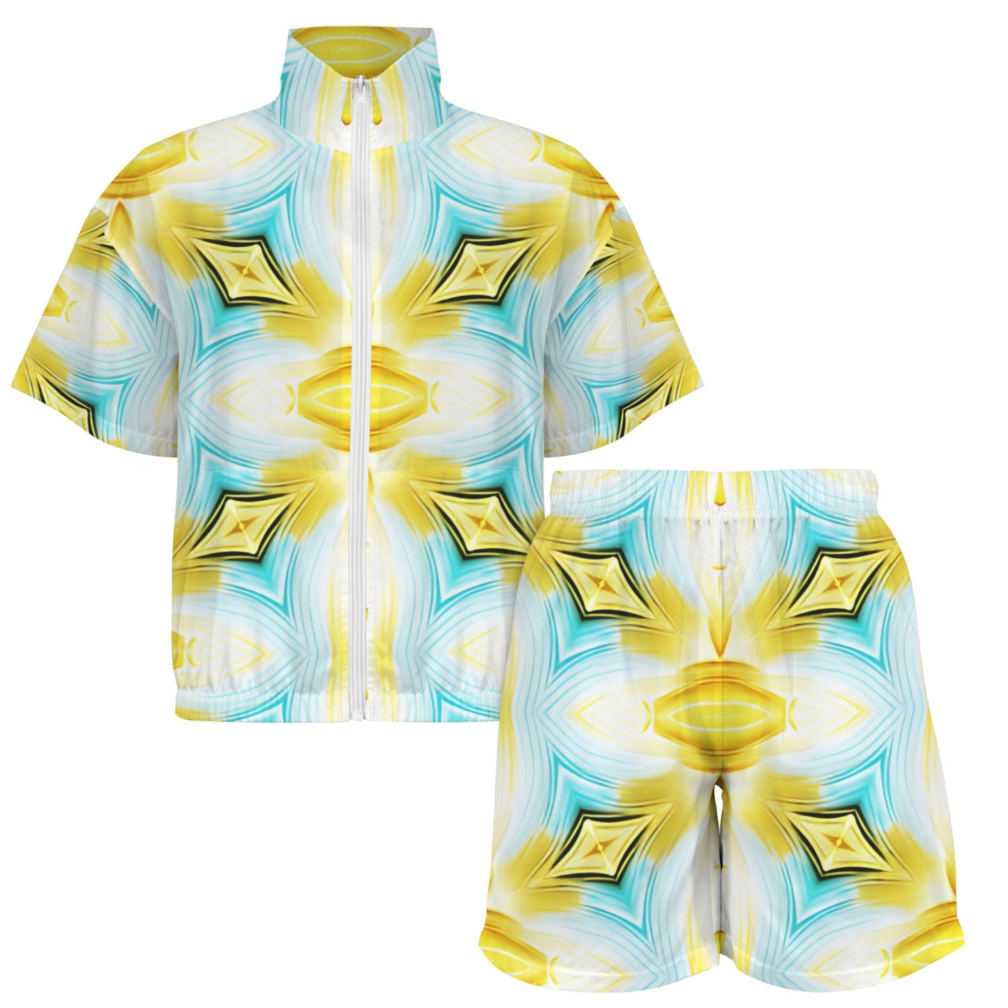 Women's Vibrant Kaleidoscope Geo Pattern All-Over Print Windbreaker Short Set