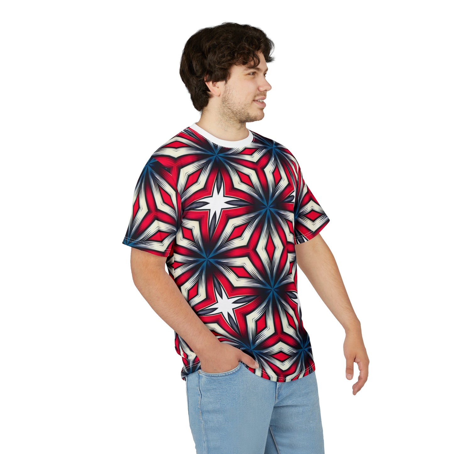 Men's Red, White & Blue Geometric Star Pattern All-Over Print Unisex Cut & Sew Tee