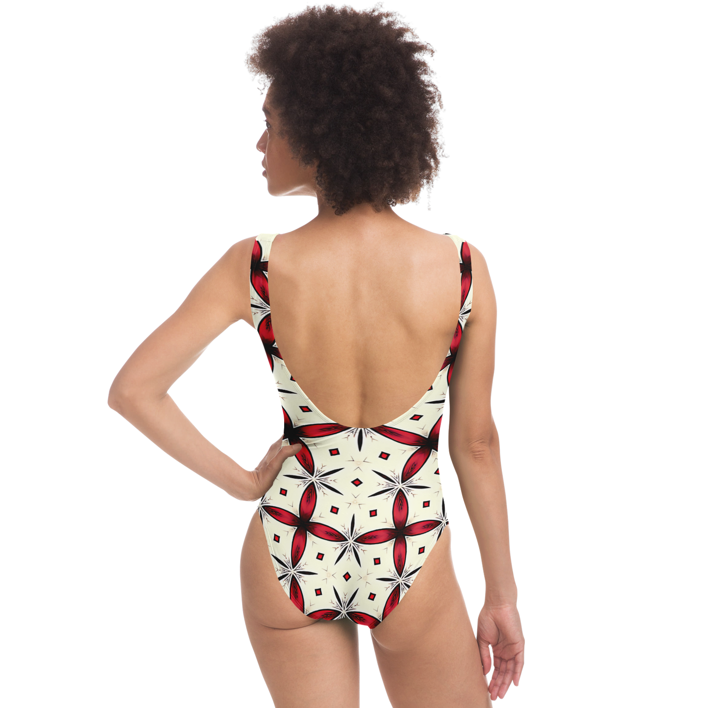 Women's Red & Black Geometric Pattern One-Piece Swimsuit