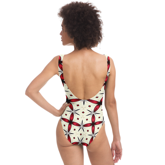 Women's Red & Black Geometric Pattern One-Piece Swimsuit