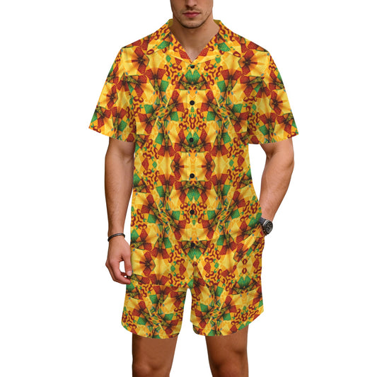 Men's Vibrant African Kente Geometric Pattern All Over Print Hawaiian Shirt & Shorts Set