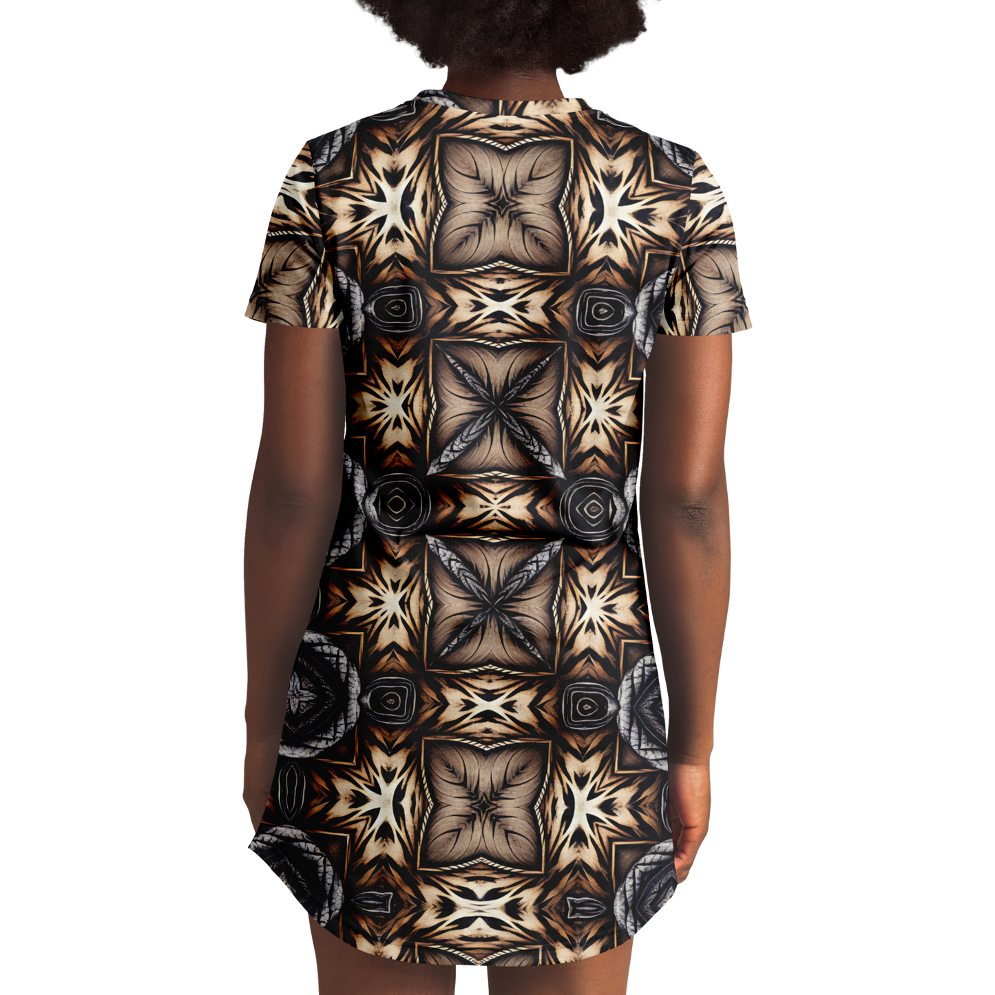 Women's Geometric Kaleidoscope Brown Pattern All Over Print T-Shirt Dress