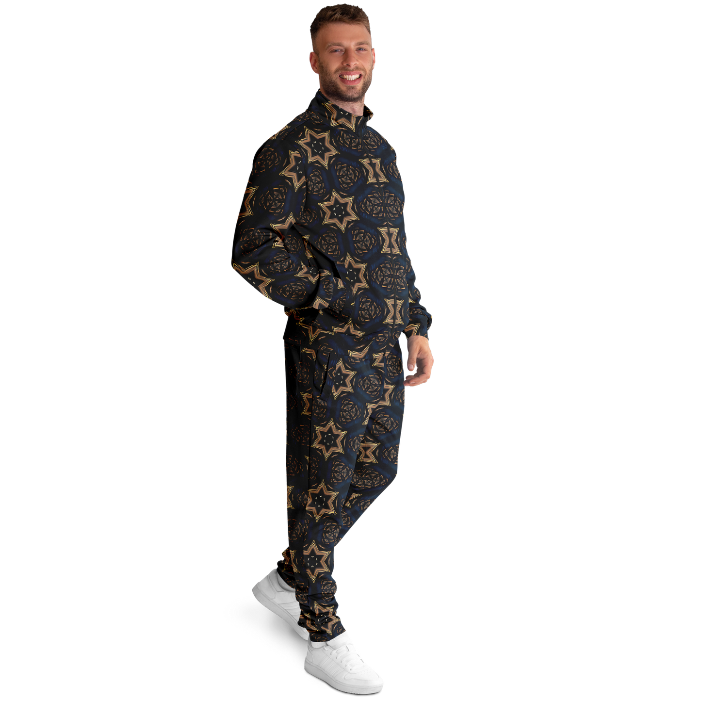 Men's Geometric Floral Pattern in Black & Brown Track Jacket and Pants