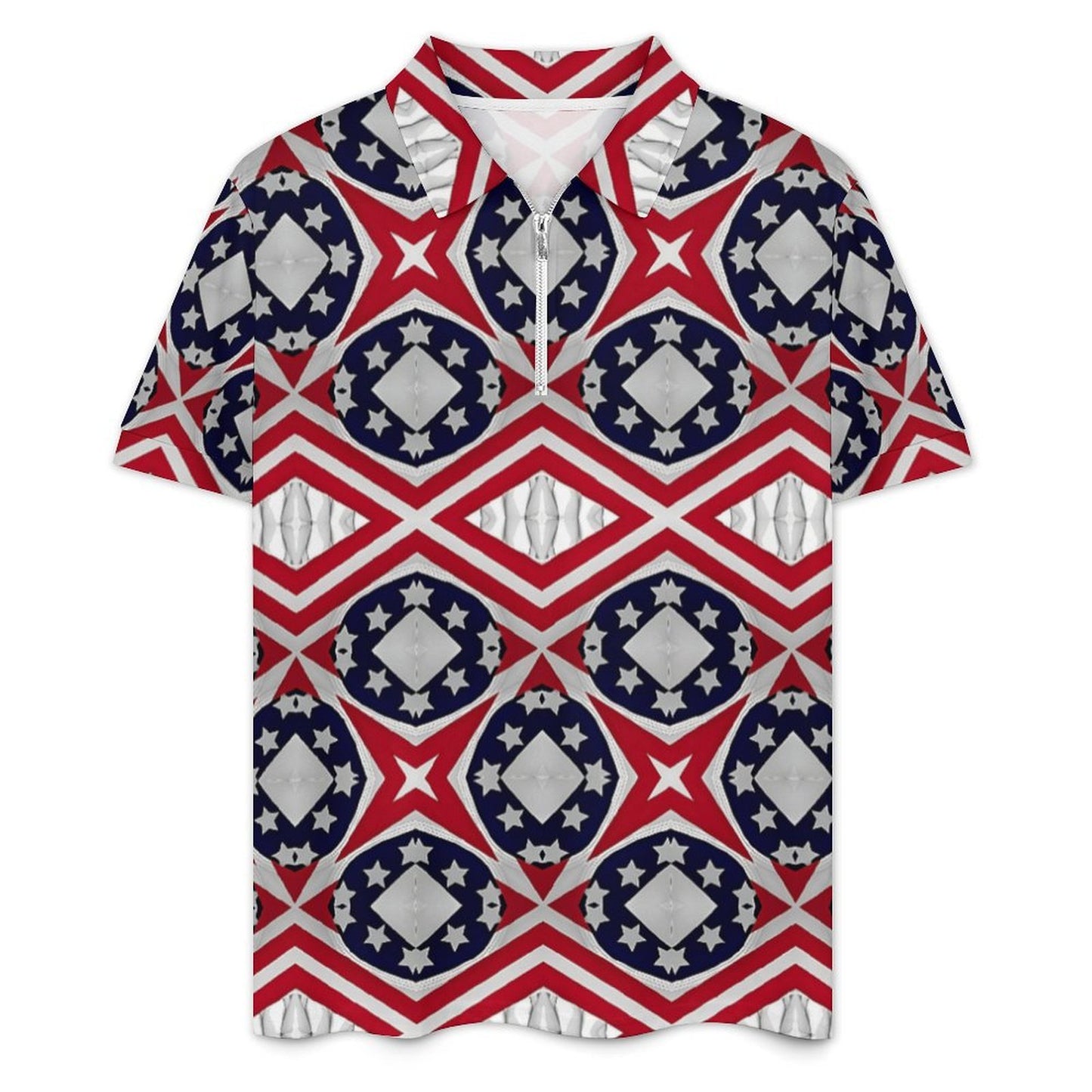 Men's Patriotic Red White Blue Geometric Zip-Up Polo Set