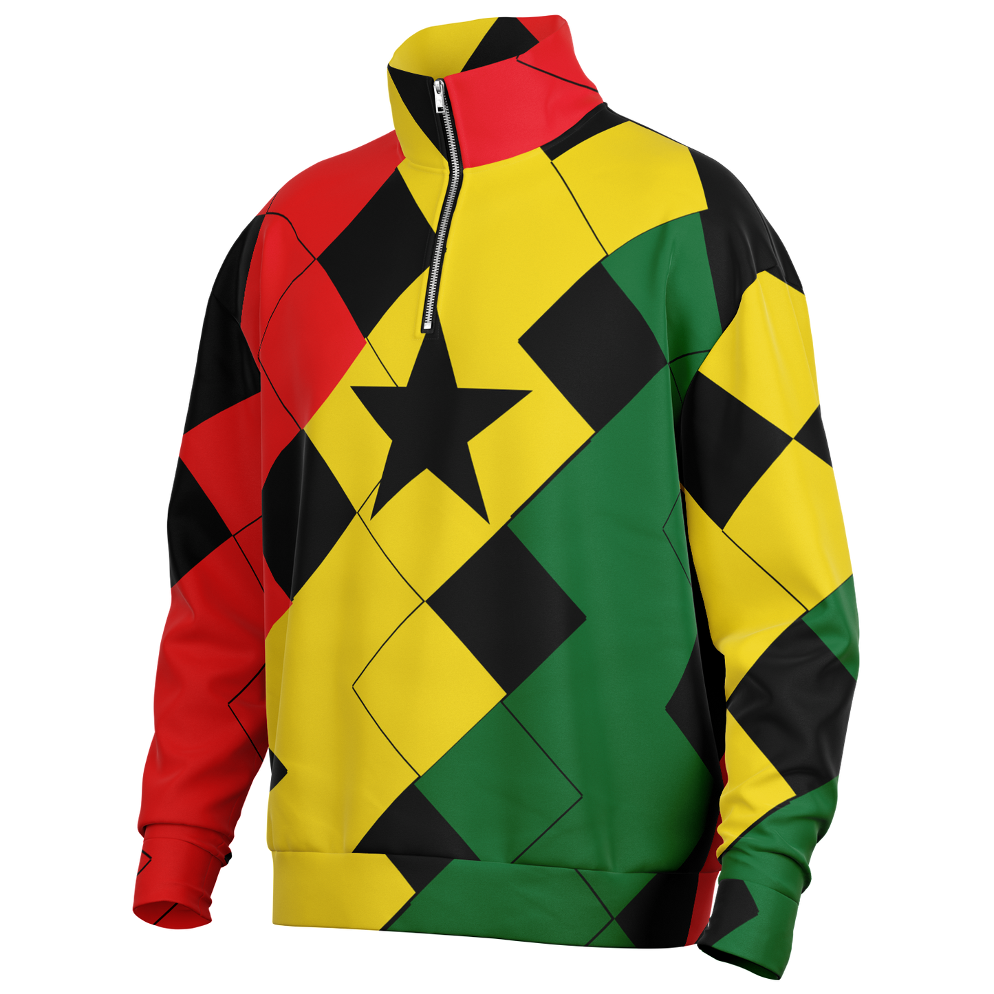 Men's Red Yellow Green and Black Stars Heavyweight Oversized Quarter Zip Sweatshirt