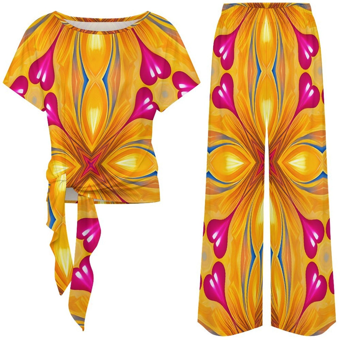 Women's Yellow & Red Heart To Heart Pop Pattern All Over Print Side-Tie Short Sleeve Top & Wide-Leg Pants Set
