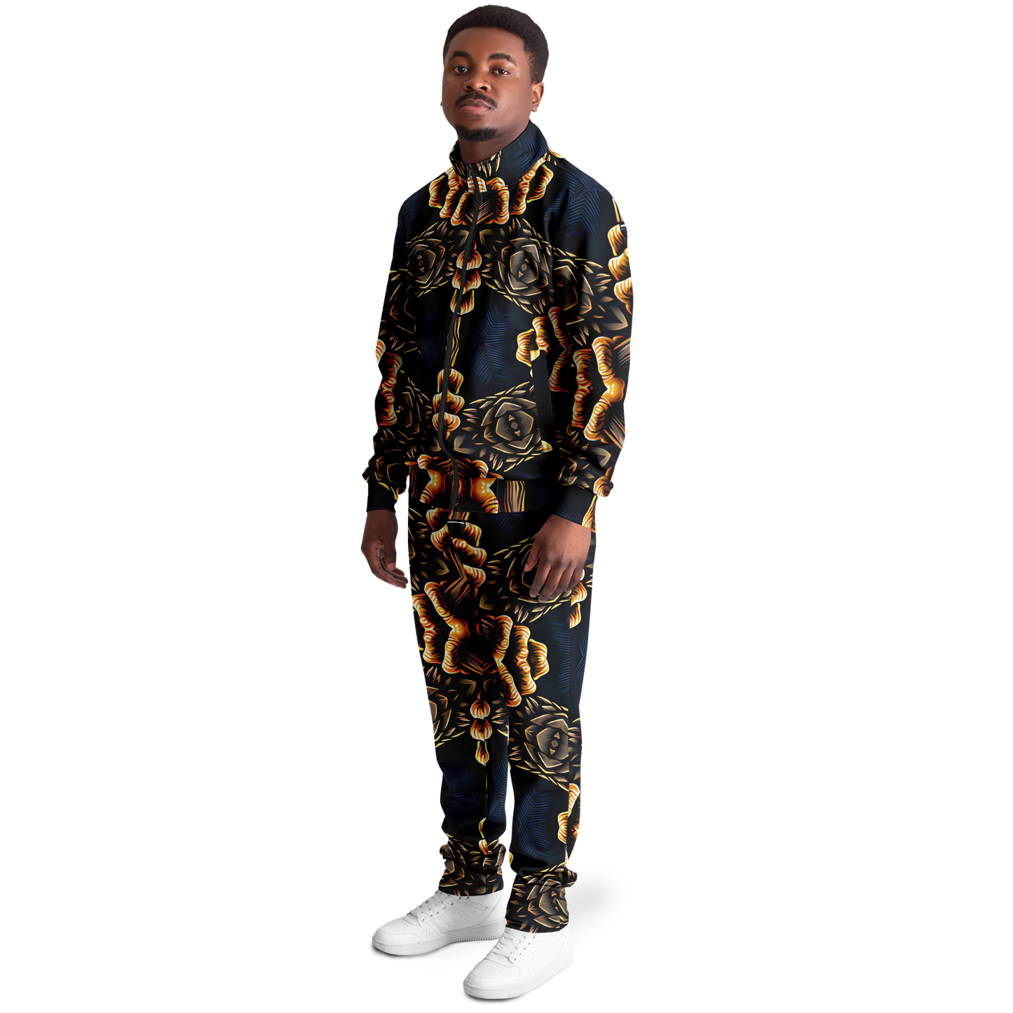 Men's Geometric Gold & Black Pattern Track Jacket and Pants