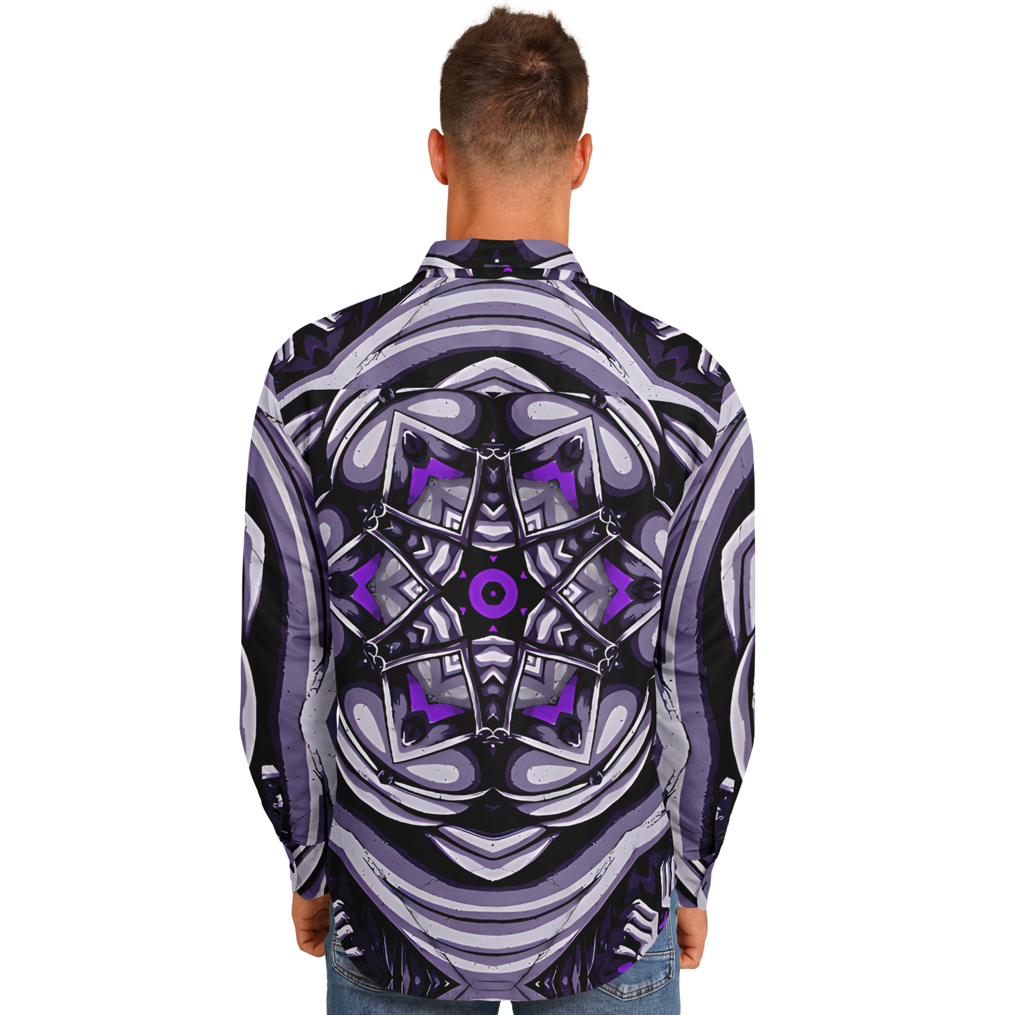 Men's Kaleidoscope Purple Pattern Spread Collar Long Sleeve Button-Down All Over Print Shirt.