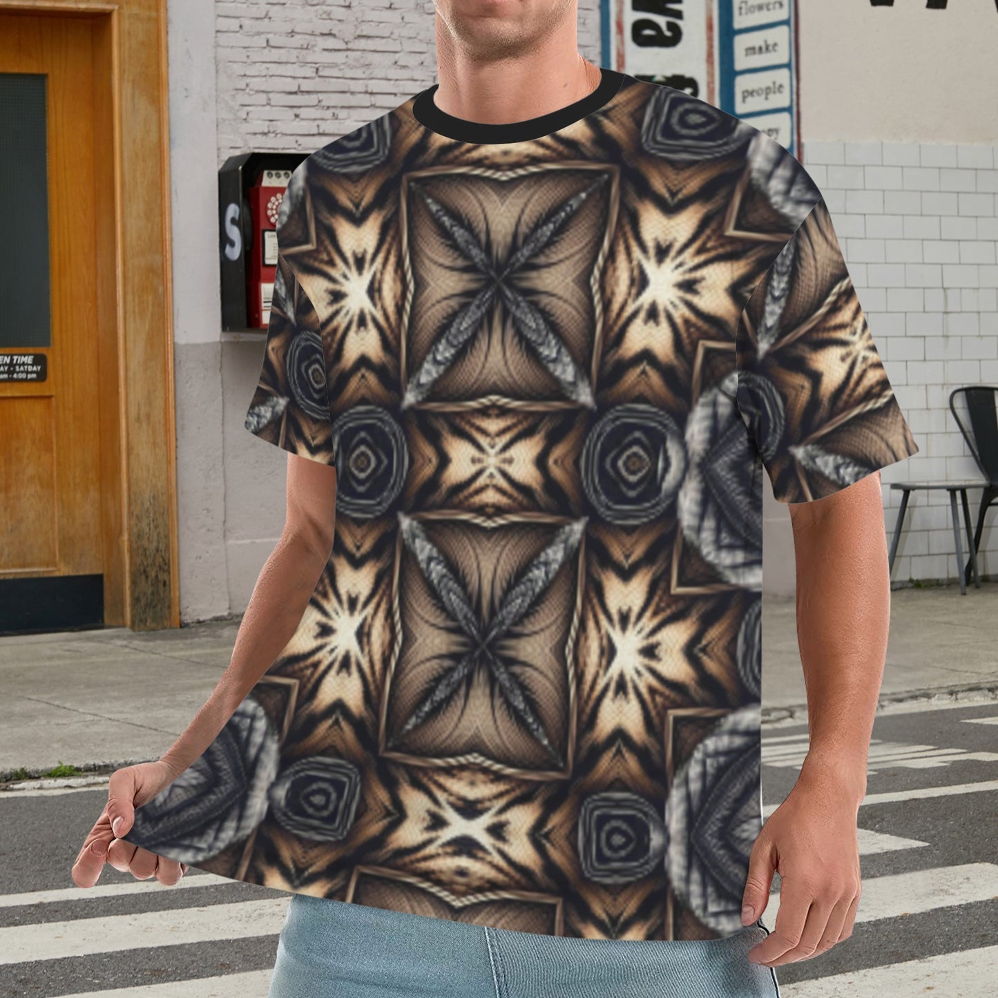 Men's Geometric Kaleidoscope Brown Pattern All Over Print All Over Print Ribbed Collar T-Shirt