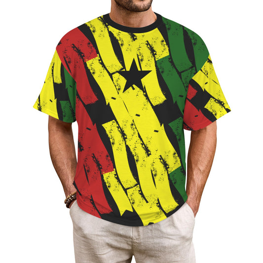 Men's Ghana Flag Pattern With Black Star All-Over Print Cut & Sew Ribbed Collar T-Shirt