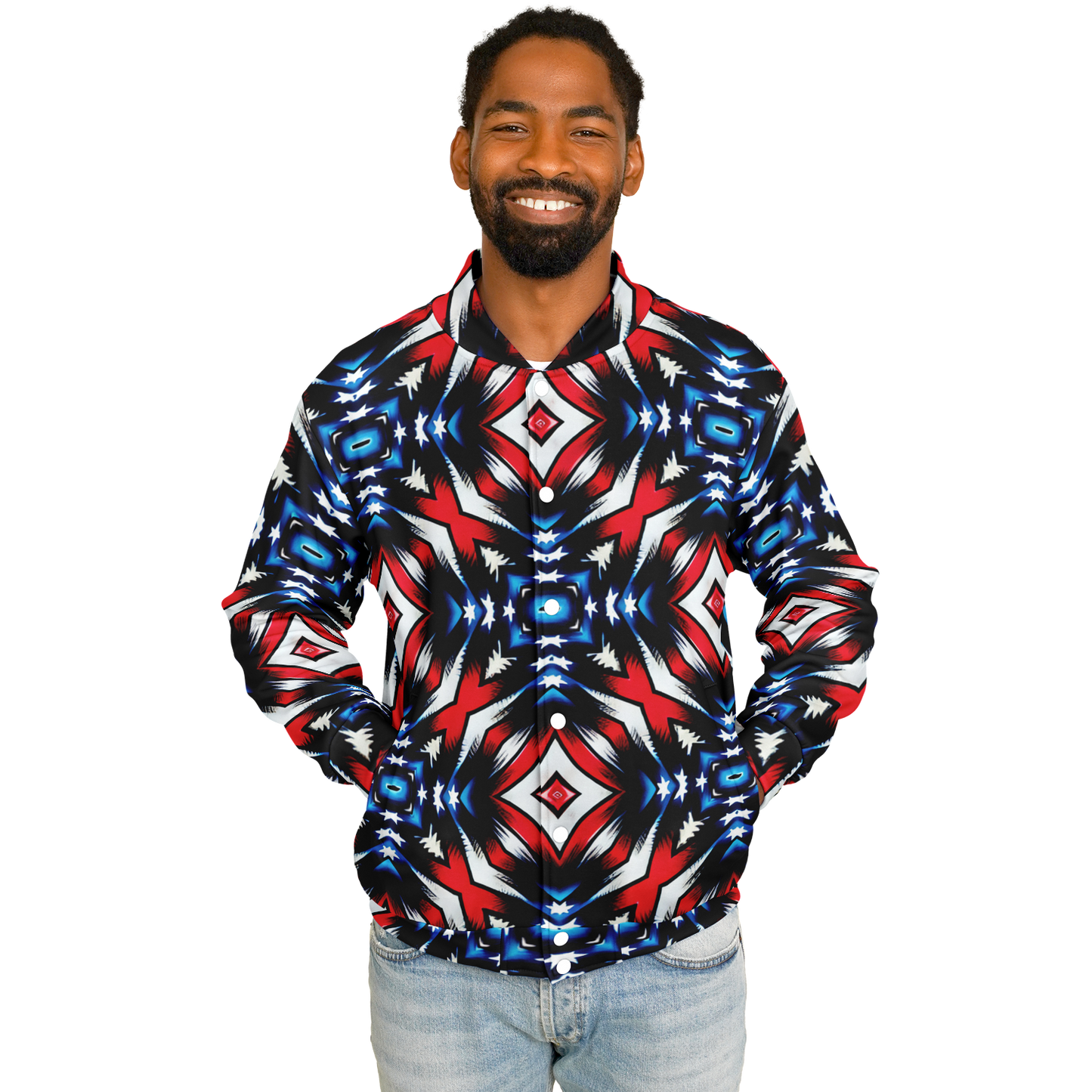Men's Red White Blue Geometric Pattern All-Over Print Baseball Jacket