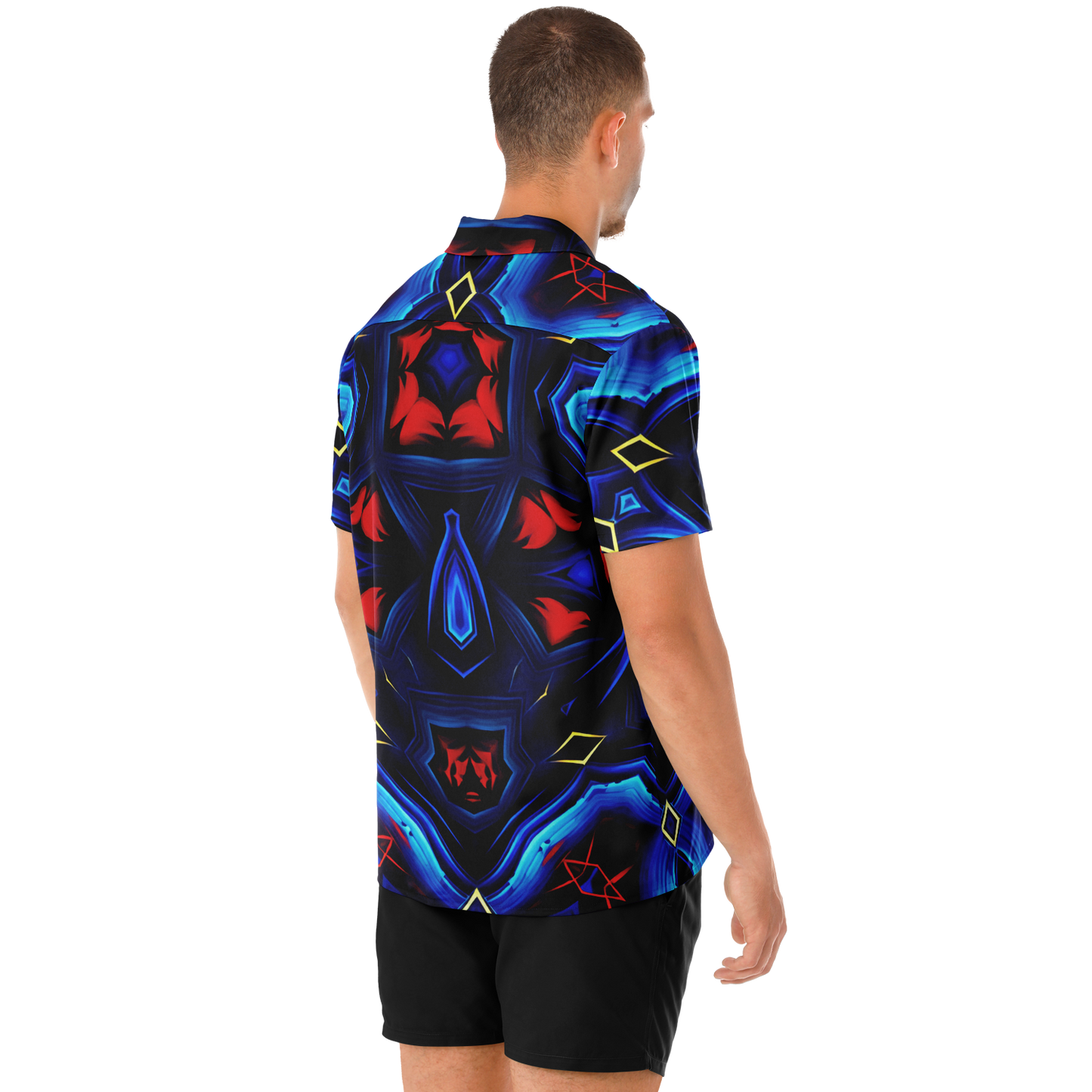 Men's Blue & Red Kaleidoscope Pattern All Over Print Spread Collar Short Sleeve Button-Down Shirt