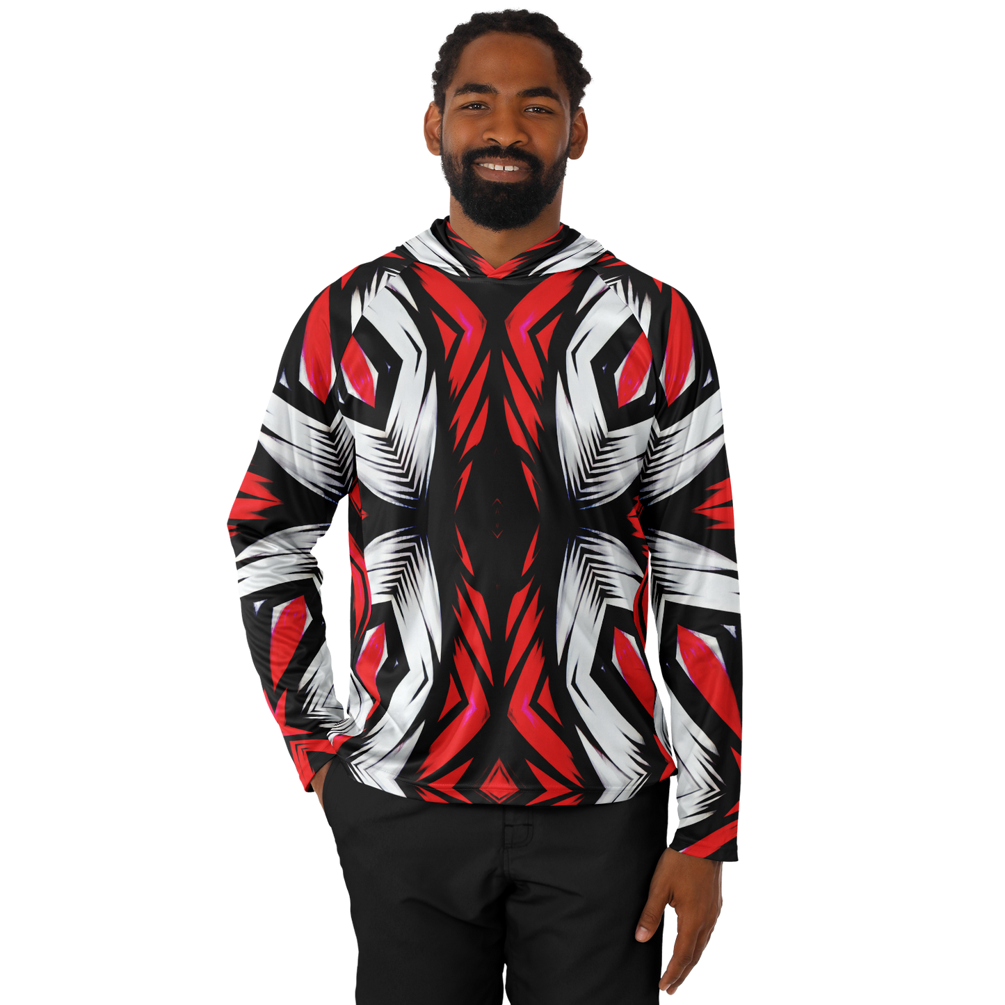 Men's Abstract Red, White & Black Pattern All-Over Print Long Sleeve Hooded Performance Shirt