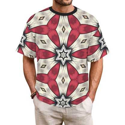 Men's Red & White Geometric Star Pattern All Over Print Cut & Sew Ribbed Collar T-Shirt