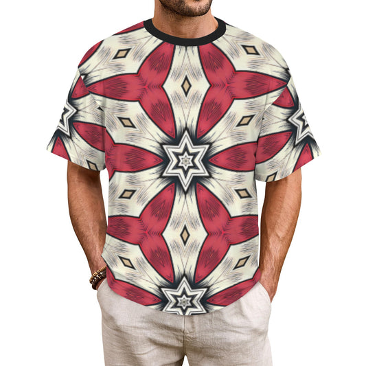 Men's Red & White Geometric Star Pattern All Over Print Cut & Sew Ribbed Collar T-Shirt