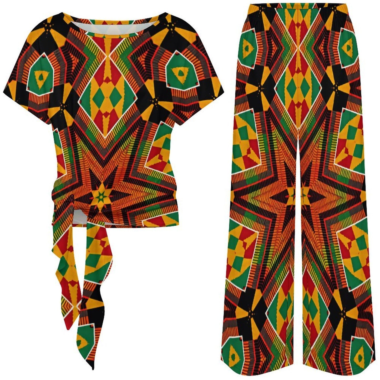 Women's African Kente Geometric Star Pattern All-Over Print Side-Tie Short Sleeve Top & Wide-Leg Pants Set