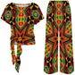 Women's African Kente Geometric Star Pattern All-Over Print Side-Tie Short Sleeve Top & Wide-Leg Pants Set
