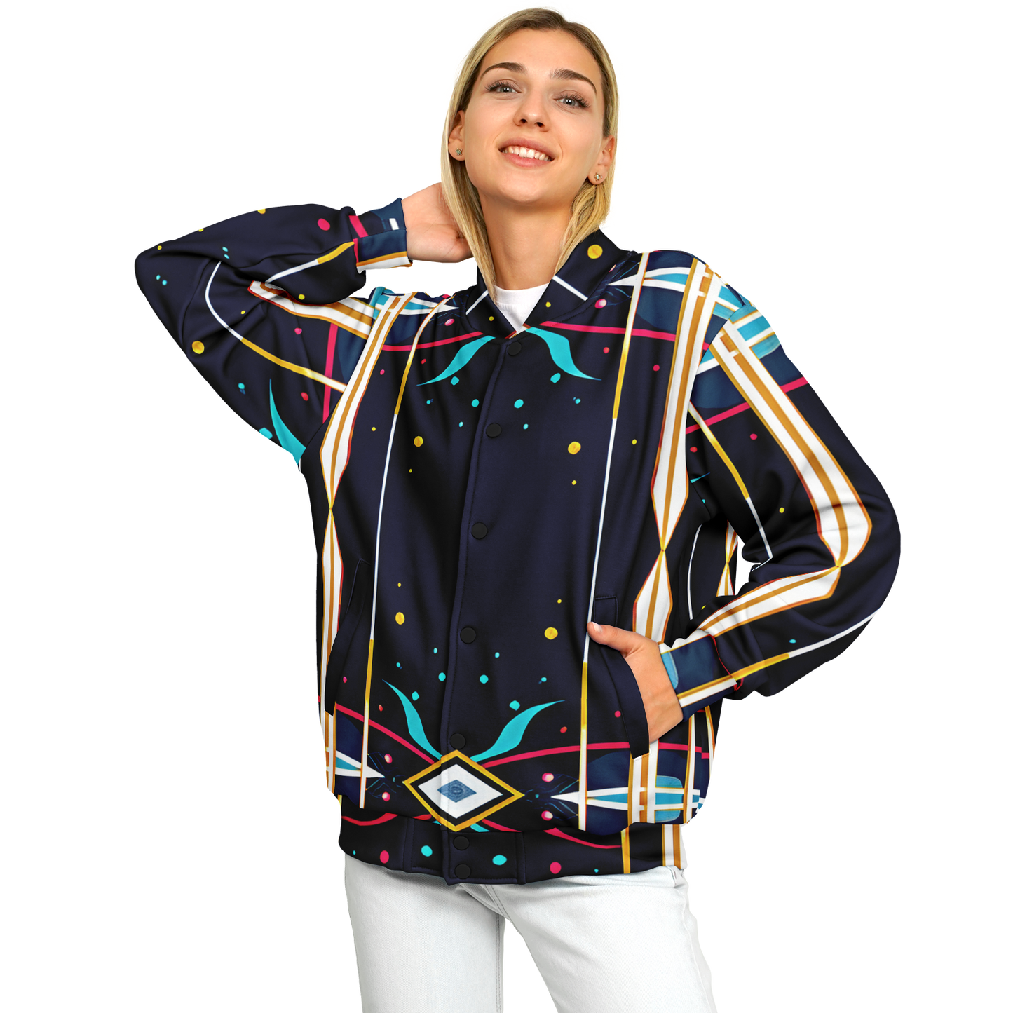 Women's Abstract Neon Geometry Pattern All Over Print Baseball Jacket