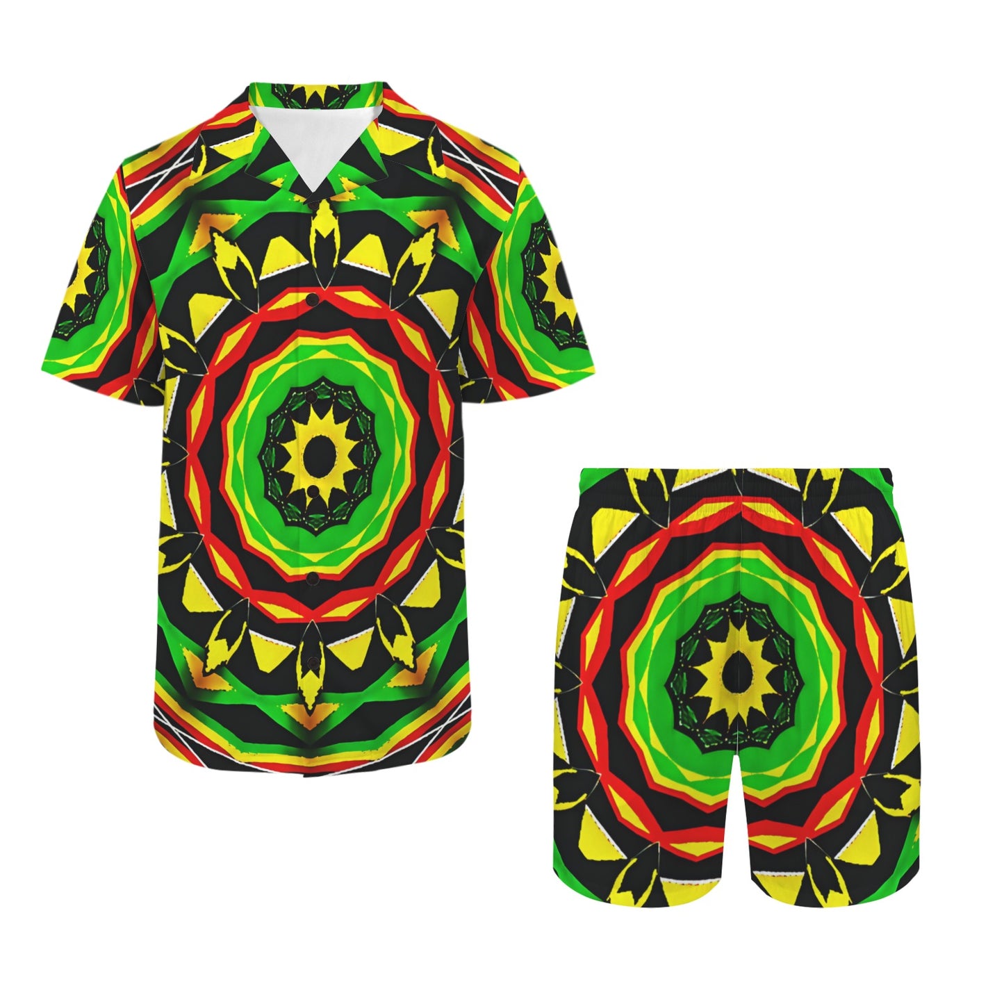 Men's Psychedelic Bold Reggae Colors All Over Print Hawaiian Shirt & Shorts Set