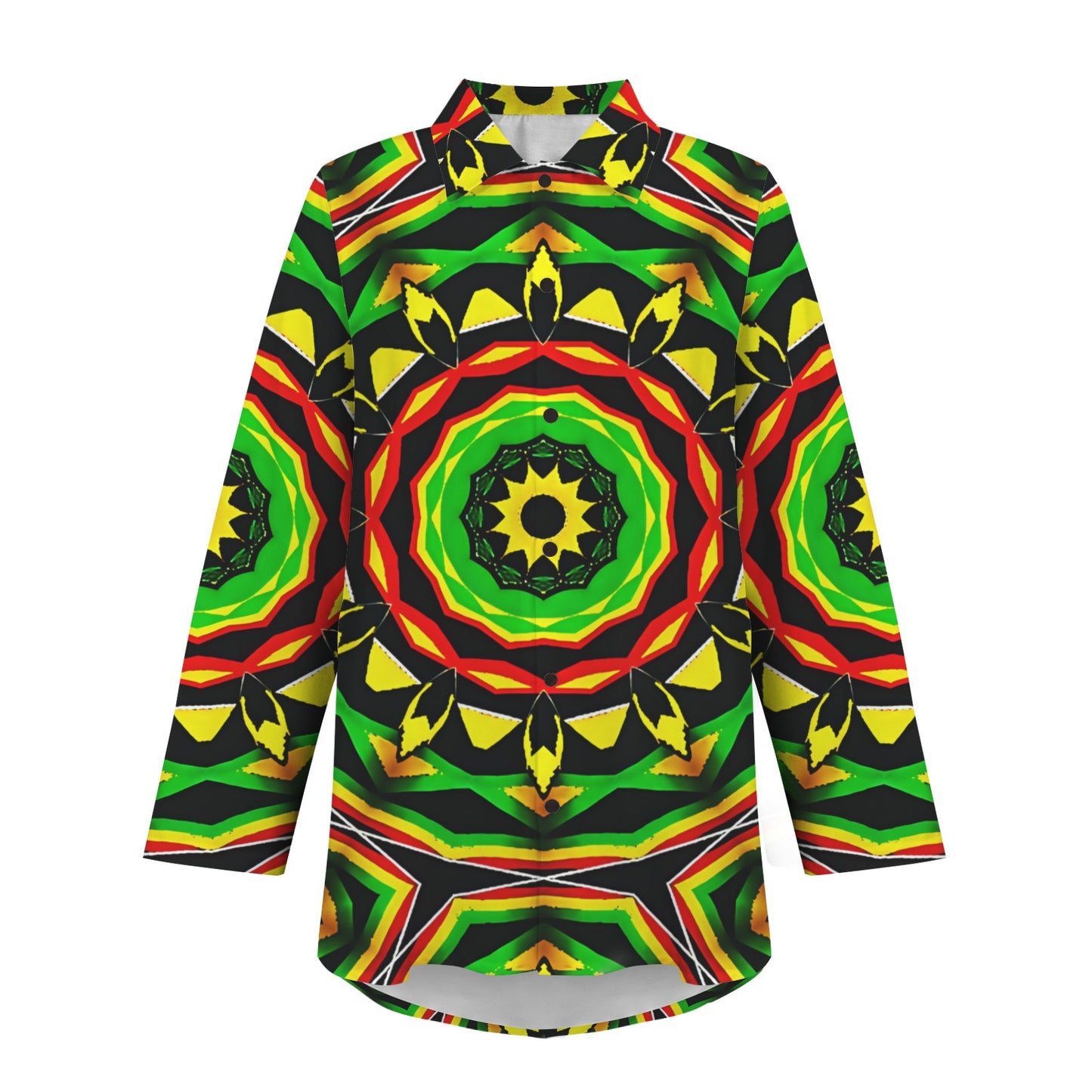 Women's Psychedelic Bold Reggae Colors All Over Print Long Sleeve Curved Hem Shirt
