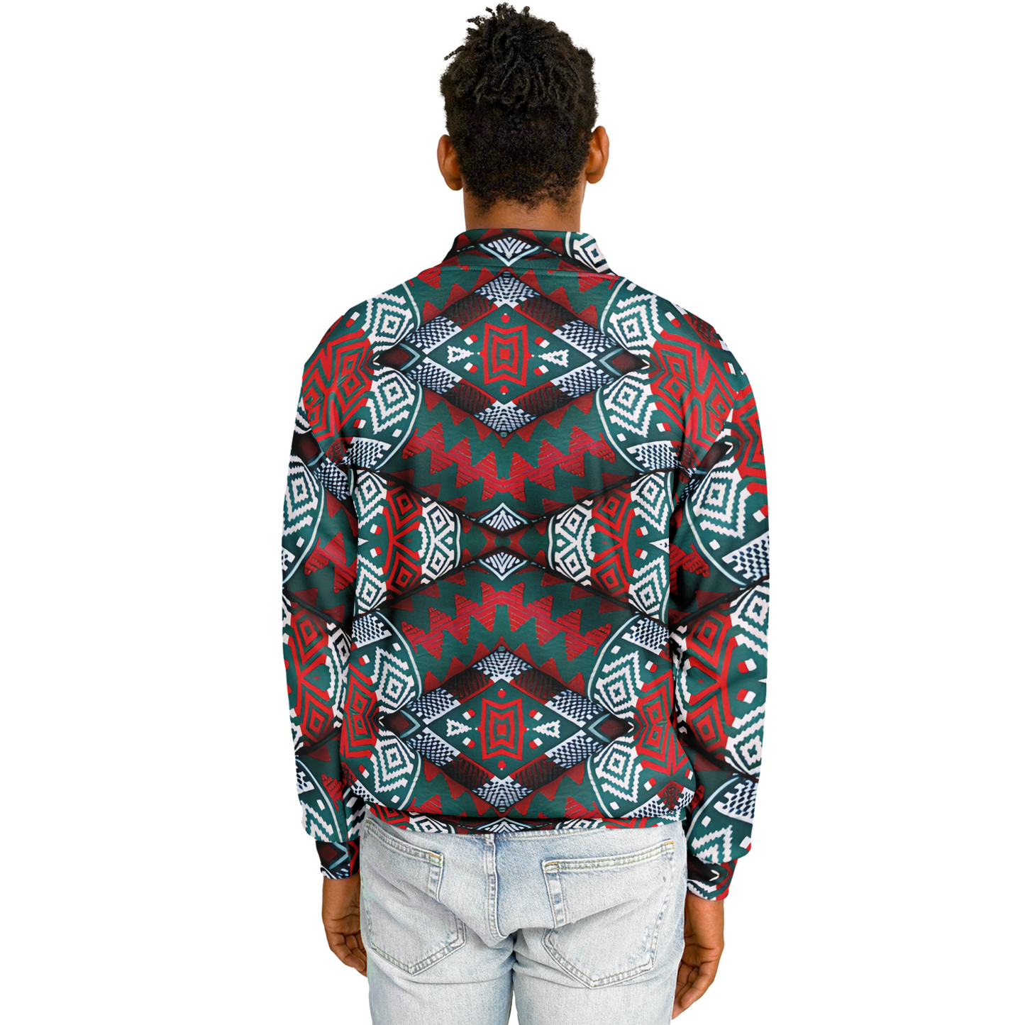 Men's Red, Green & White Teal Aztec Geo Pattern All-Over Print Baseball Jacket
