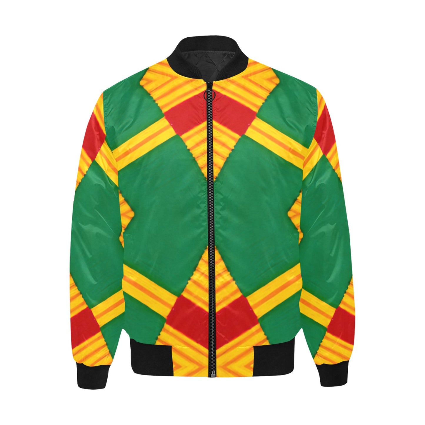 Men Bold Green, Red & Gold African Kente-Inspired Pattern All-Over Print Bomber Jacket
