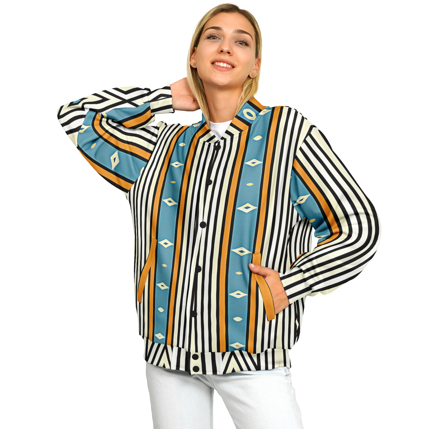 Women's Striped Retro Blue & Orange Patten All Over Print Baseball Jacket